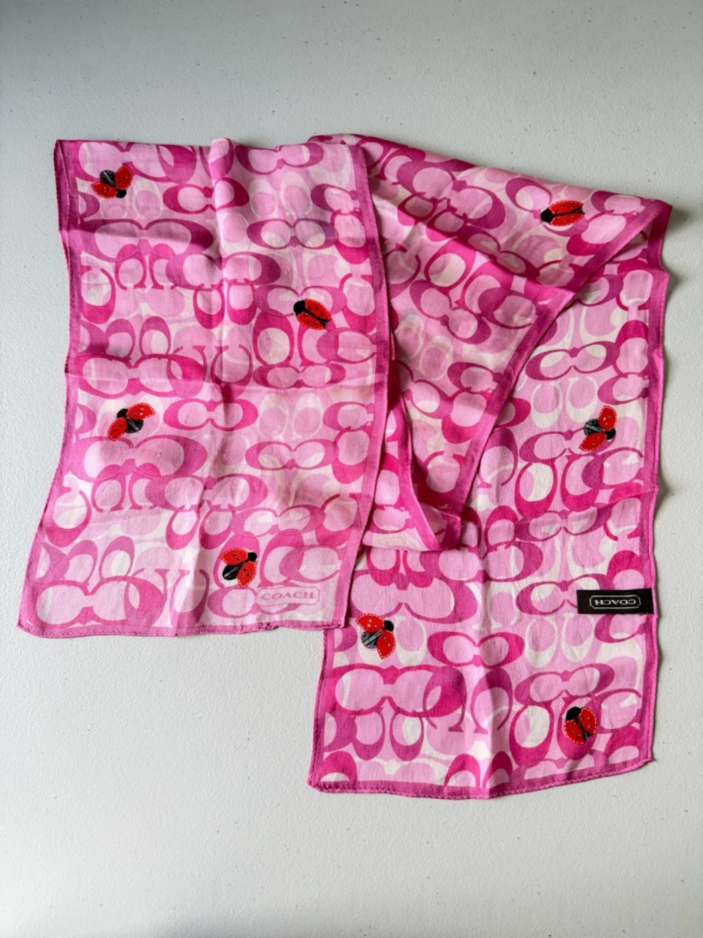 Y2K Coach Ladybug Pink Signature Silk Scarf